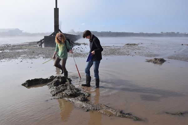 Two people recording a piece of wood on a beach