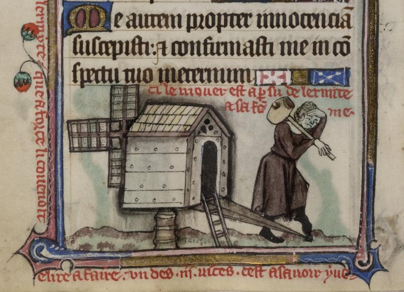 A medieval manuscript illustration of a miller walking out of a mill carrying a large wooden hammer