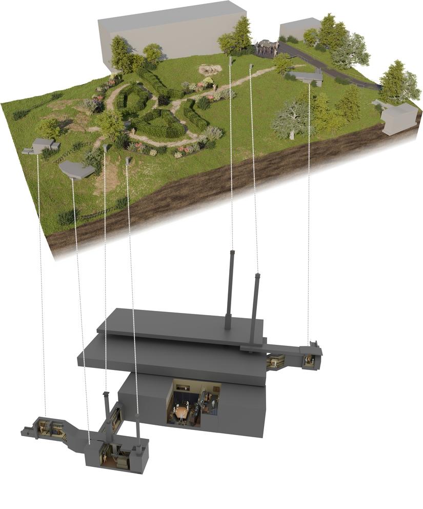 An artistic reconstruction of the bunker above and below ground