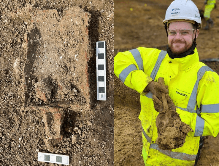 Two images: 1. The Roman hand shovel 2. Archaeologist Solomon modelling the very similar hand shovel we use today