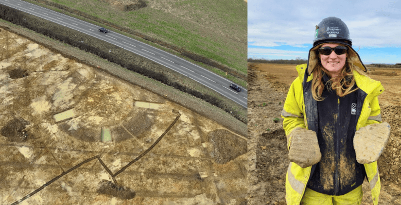 Two images: 1. Aerial photograph of the mill site 2. Site supervisor Charlie holding two pieces of millstone recovered from the moat