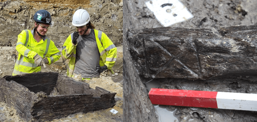 Two images: on the left two archaeologists look at the well, on the right a decorated piece of wood from the well