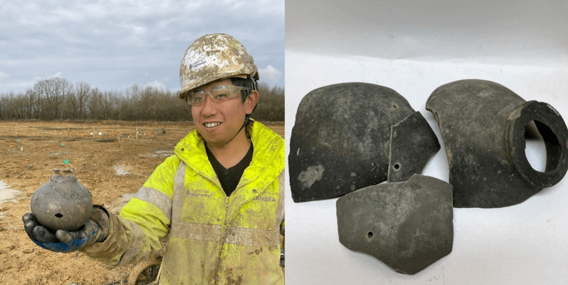Two images: 1. Archaeologist Robin holds one of the ‘holey’ pots 2. A collection of ‘holey’ pots discovered during the excavations