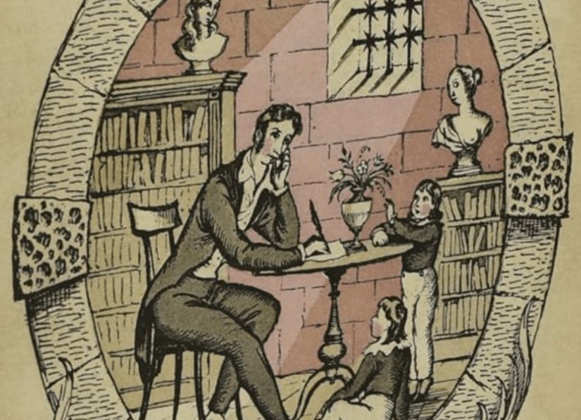 A drawing of a man sitting at a table writing. He is in a room filled with books and statues, with two young boys. The window has bars.